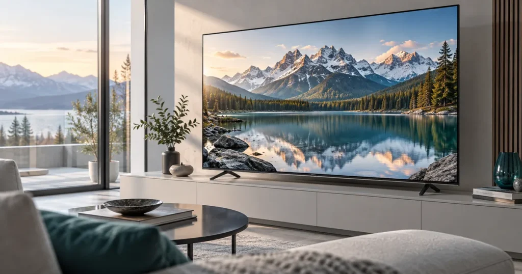 Close view of a large television with extremely crisp mountain lake photography, subtle champagne light