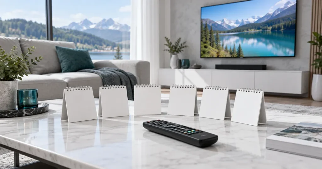 Six elegant blank calendar leaves arranged with a television remote, spacious bright lounge