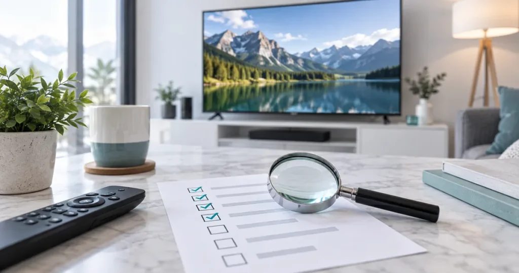 Remote, magnifying glass, plain comparison checklist on a desk with a television in background