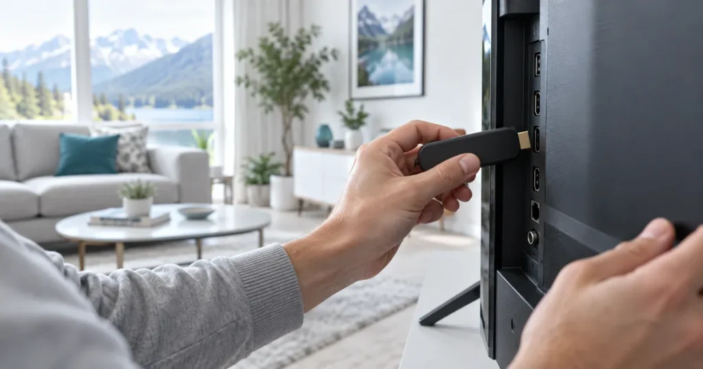 Hands carefully plugging HDMI streaming device into television, bright clean living room