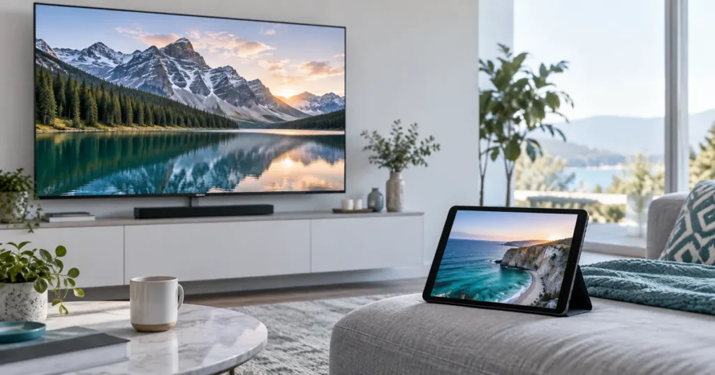 Two distinct screens: living room television and tablet together, separate scenic content