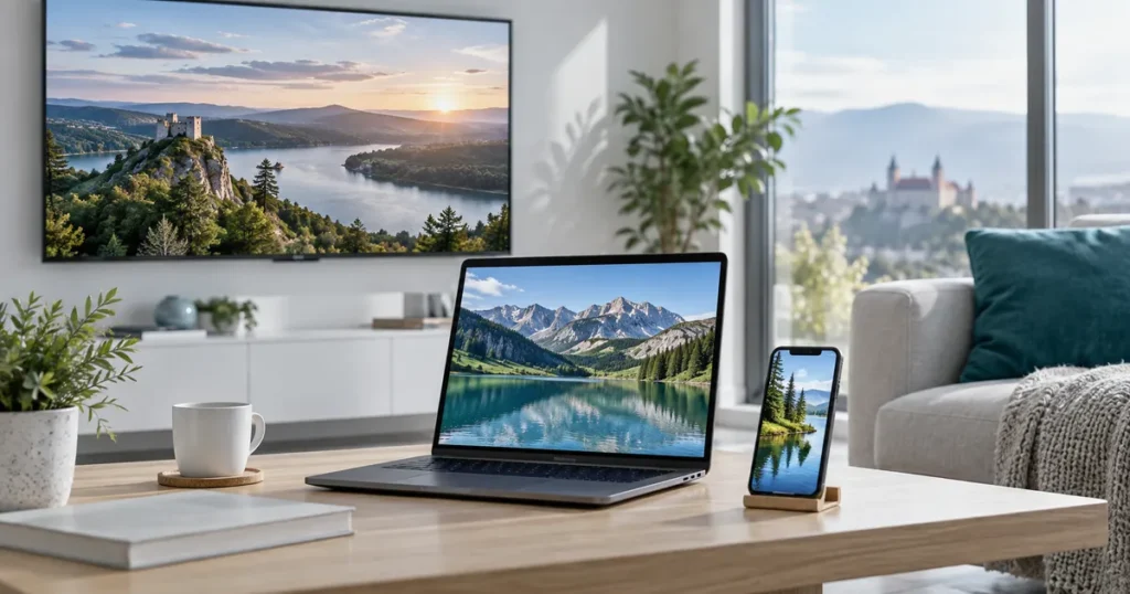 Three screens: television laptop and phone, bright home with a teal cushion