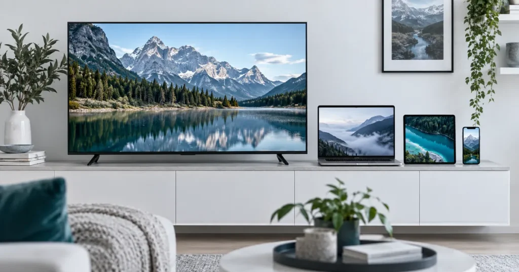 Four distinct devices: television laptop tablet phone arranged across a modern home console