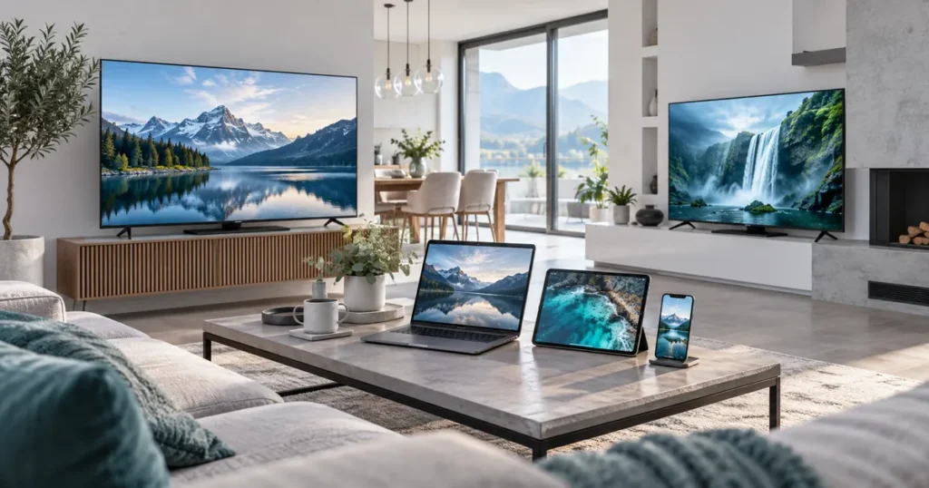 Five distinct viewing devices: two televisions, laptop, tablet, phone in a bright open-plan home