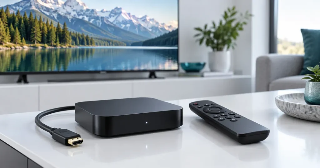 Compact black Android-style media box with visible HDMI cable and remote, white studio