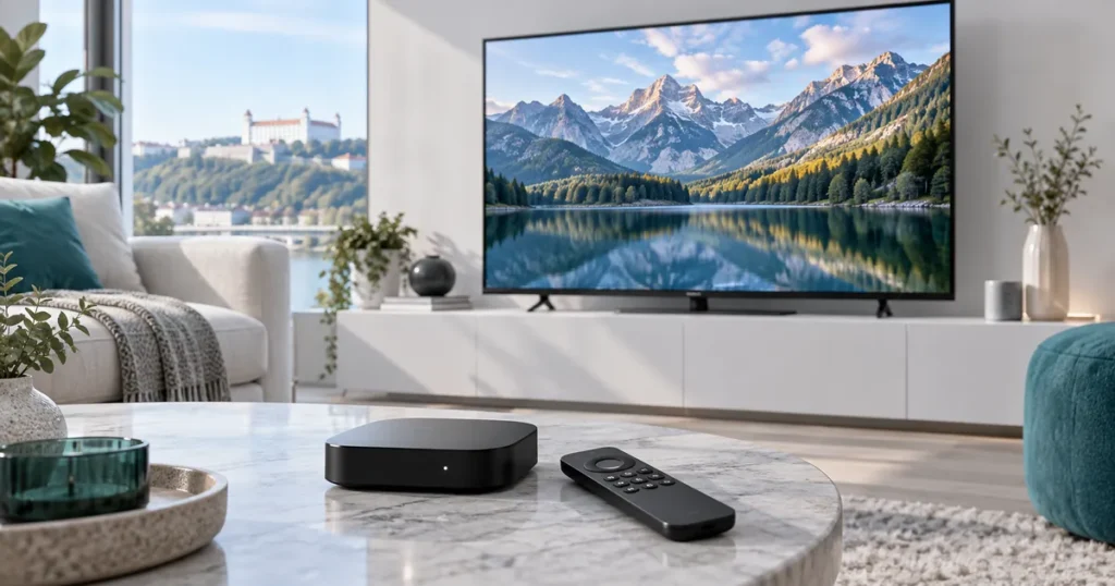 Television with compact streaming box and simple black remote in bright airy lounge
