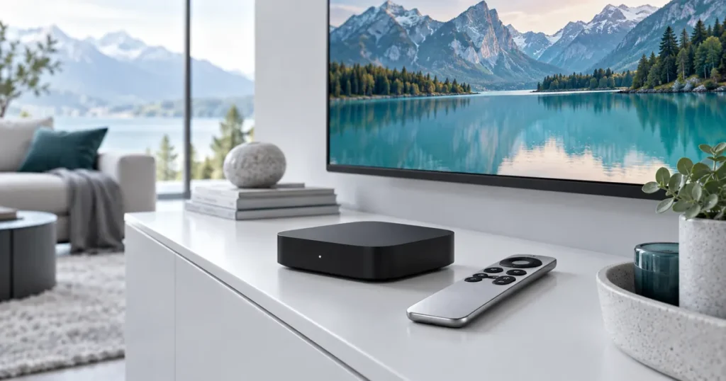 Minimal black streaming box and brushed silver remote next to television, white interior