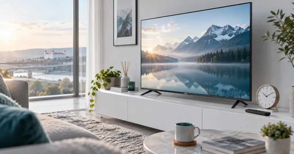 Television, tasteful analog clock and remote on white console, morning light