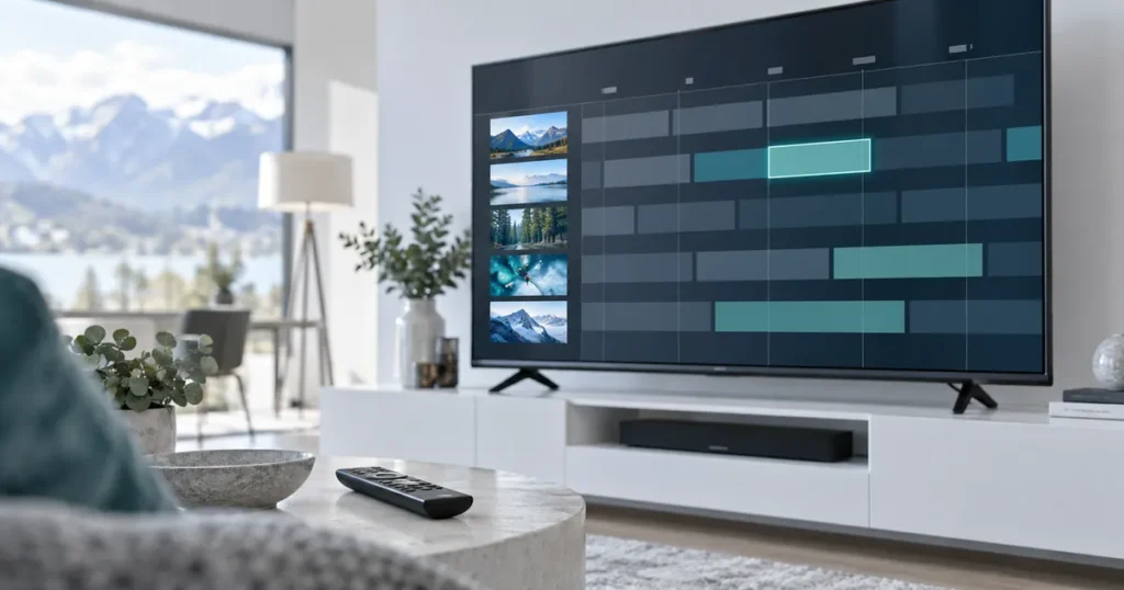 Close up of television with an abstract unlabelled programme timetable grid and remote