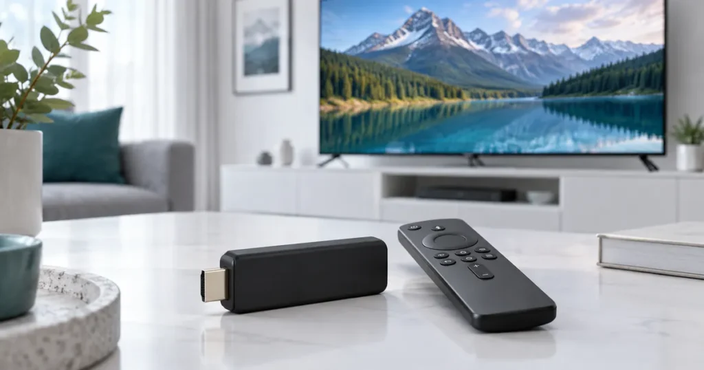 Black HDMI streaming stick and slim remote on white tabletop with television background
