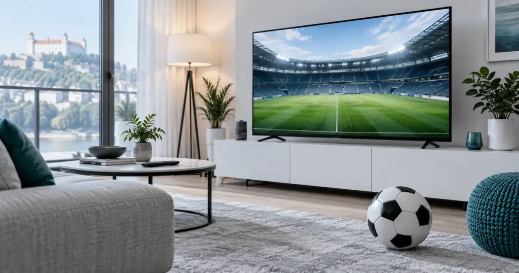 Football on floor next to television showing empty generic football pitch, no teams or logos