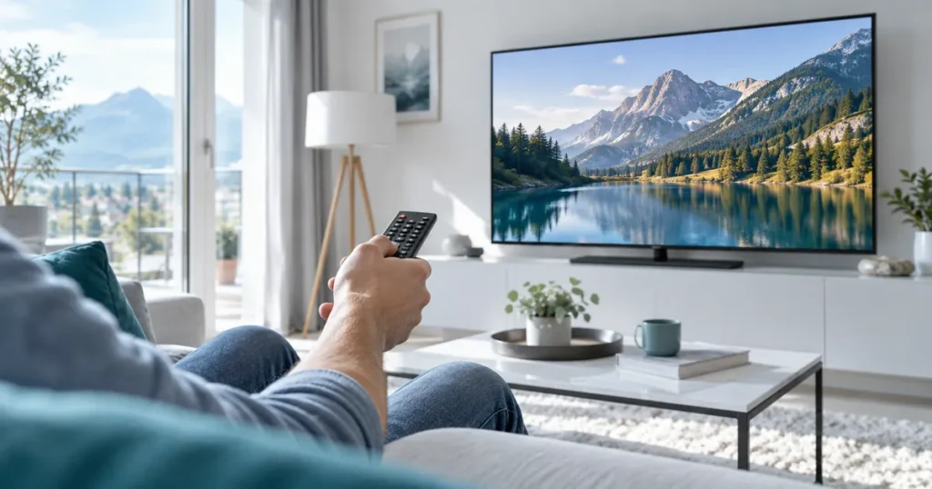 Person holding remote testing television picture in a bright home, no identifiable face