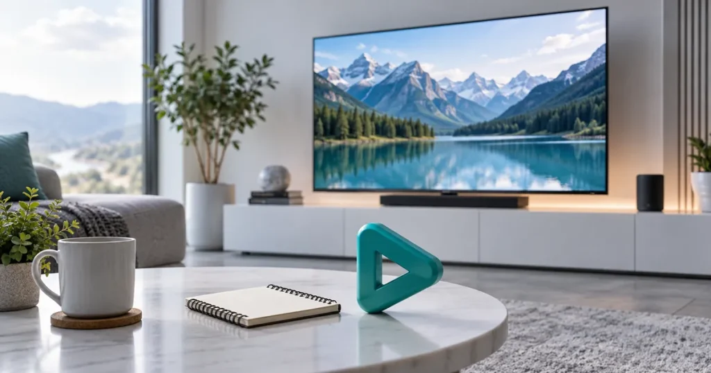 Television, small playlist notebook without legible text, teal play-shaped sculpture
