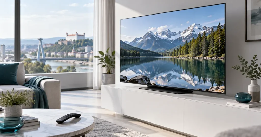 Large OLED-style television on a white sideboard, sculptural curved remote, afternoon light