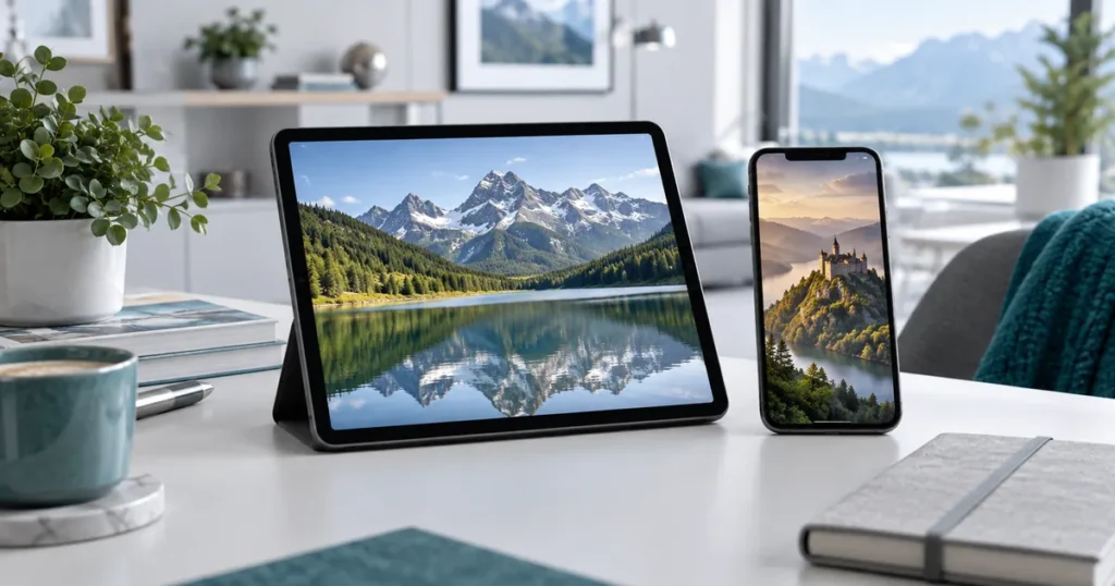 Smartphone and tablet displaying two different Slovak natural landscapes on light desk