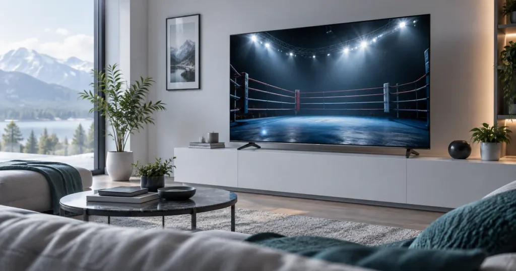 Home television displaying empty boxing ring with soft dramatic lighting, no athletes or brands