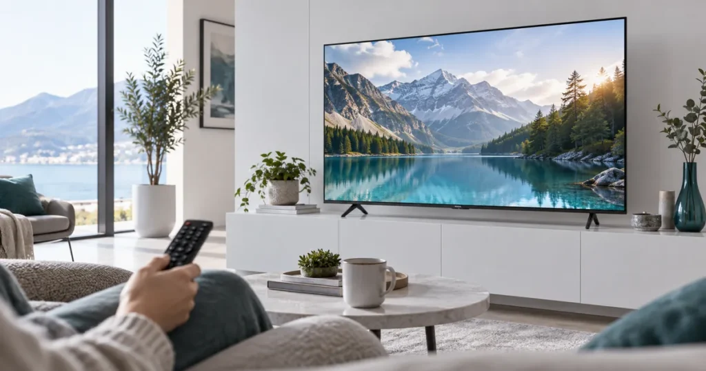 Slim contemporary television on a bright minimal console, remote and app viewing context