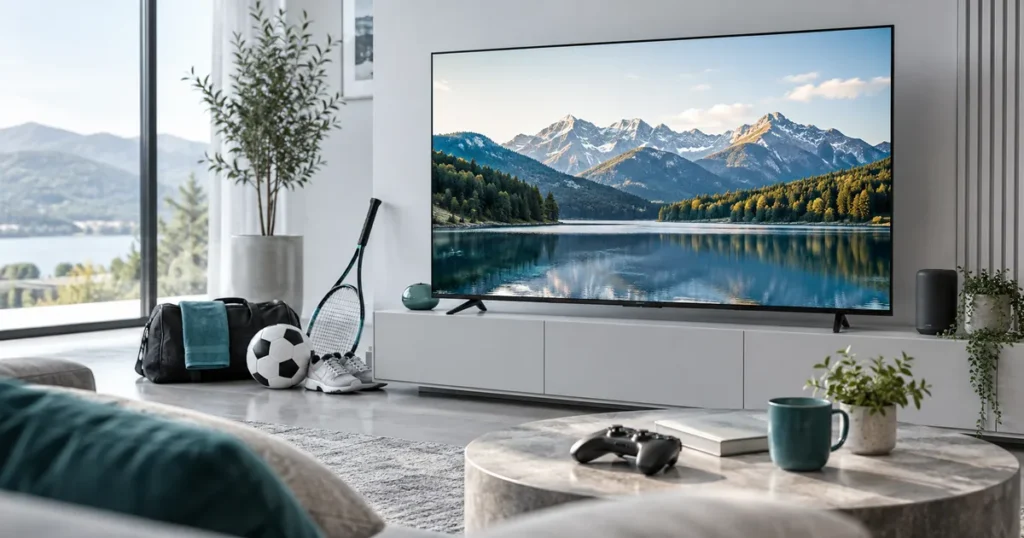 Unbranded television with generic athletics track, football and tennis racket beside console, no teams