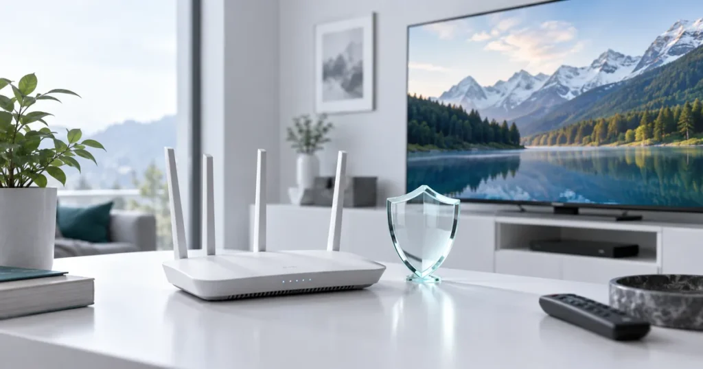 Home router, television and small translucent shield sculpture on bright minimal desk