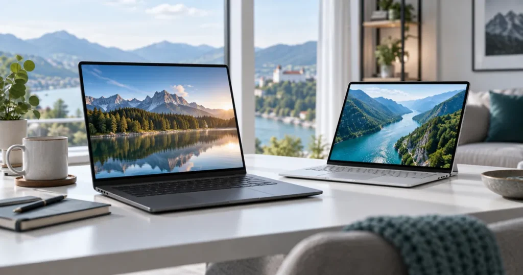 Two unbranded laptops with different silhouettes on bright desk, scenic streaming content