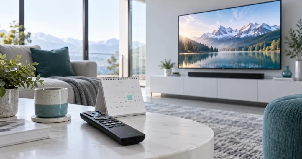 A remote beside a simple paper calendar and a bright modern television lounge, thoughtful subscription choice