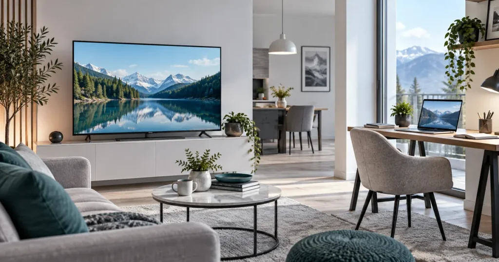 Split domestic living and study space with television and laptop, family connectivity without people