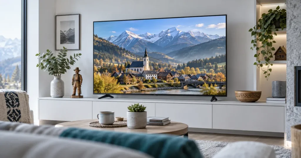Television showing Slovak village and mountains, local culture objects subtly on shelf